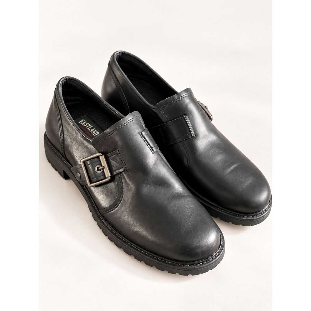 Eastland Open Road Black Leather Loafers 9W Buckle Dark Academia Lug Sole